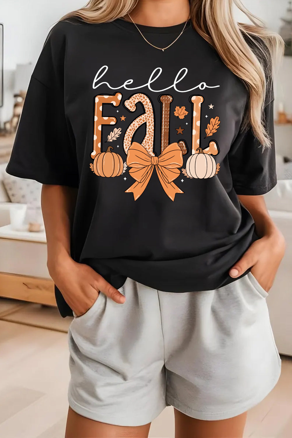 Black Hello Fall Thanksgiving Bow Pumpkin Heat Transfer Printing Graphic Tee Graphic Tees fa97d057cd0aa65c