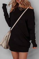 Black Asymmetric Neck Batwing Sleeve Shift Mini Sweater Dress Sweaters fab3b5c4ad0362c1