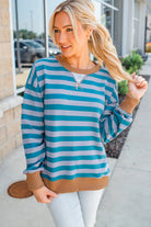 Sky Blue Stripe Contrast Color Ribbed Trim Round Neck Drop Shoulder Sweatshirt Sweatshirts & Hoodies fab4f28e2e5fd314