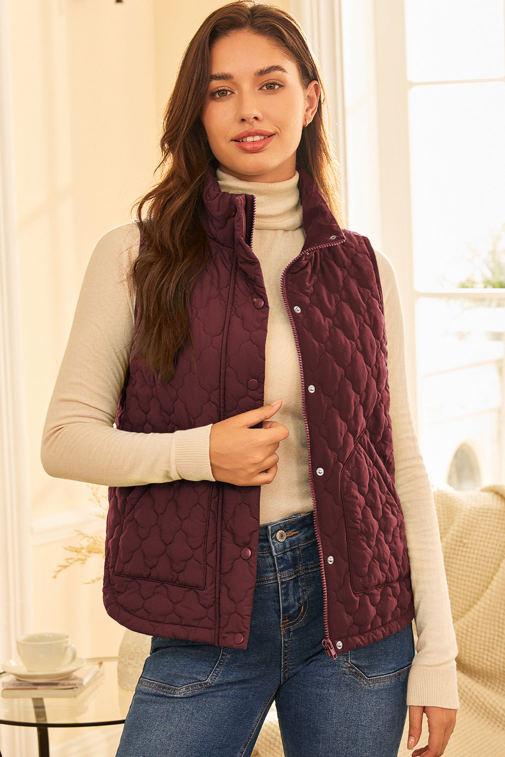 Wild Ginger Flower Shape Quilted Snap Button Zip Up Winter Vest Coats facfa62b26f57467