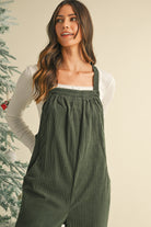 Jungle Green Plain Pocketed Loose Fit Corduroy Overalls Jumpsuits fae732e40cb3d7ac