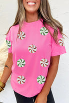 Sachet Pink Peppermint Candy Pattern Sequins Patch Christmas Custom T Shirt Graphic Tees faf045df8d3779aa