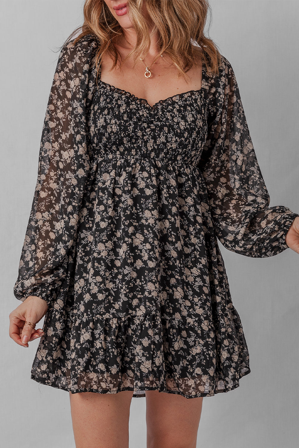 Black Floral Long Sleeve Frilly Shirred Square Neck Mini Dress Short Dresses faf4f4c3d97b6cb7