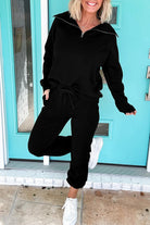 Black Zip Collar Long Sleeve Top Drawstring Pants Set Two Piece Pants Sets fb0a66196ea89c53