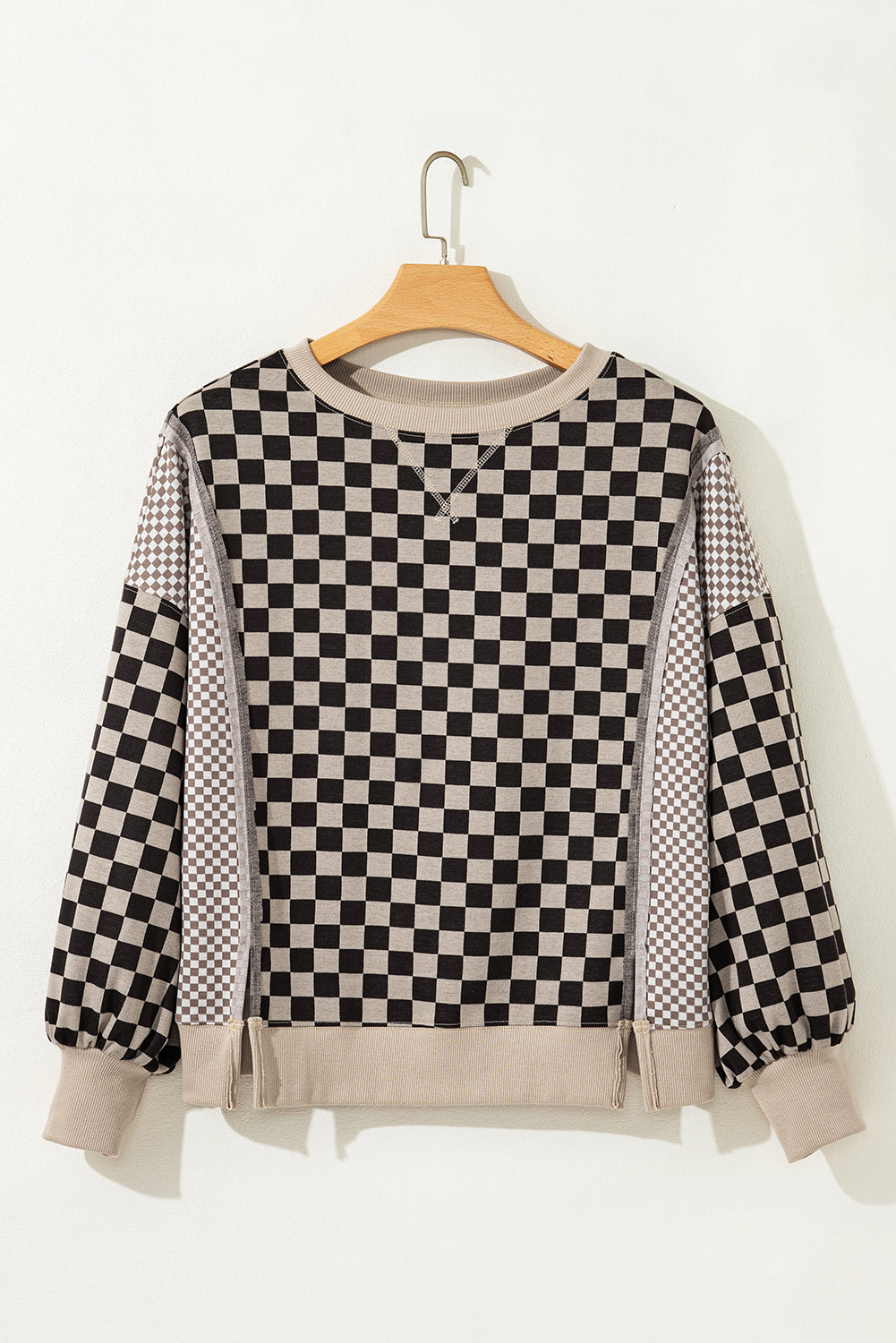 Khaki Mixed Checkered Pattern Patchwork High Low Casual Top Long Sleeve Tops fb12a14895c14022
