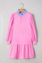 Pink Striped Collar Long Sleeve Ruffle Hem Dress Short Dresses fb17339fab180b6e