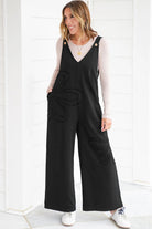 Black Solid Color Raw Seam Big Flower Patched Loose Overall Jumpsuit Jumpsuits fb3984b4feb3b0b0
