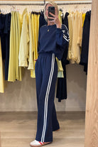Dirty Blue Varsity Striped Detail Cropped Pullover Wide Leg Pants 2pcs Outfit Two Piece Pants Sets fb3d3f31d058bc7d