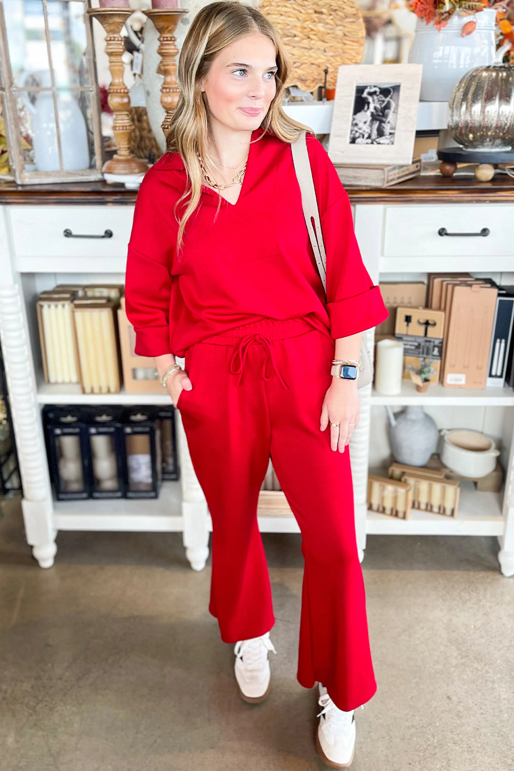Fiery Red Plain V Neck Pullover Drawstring Bell Bottom Pants Set Two Piece Pants Sets fb61a9134748960a
