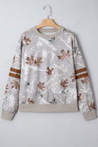 Gray Maple Leaf Camo Print Varsity Striped Sleeve Casual Sweatshirt Sweatshirts & Hoodies fb6ab0f27d878d60