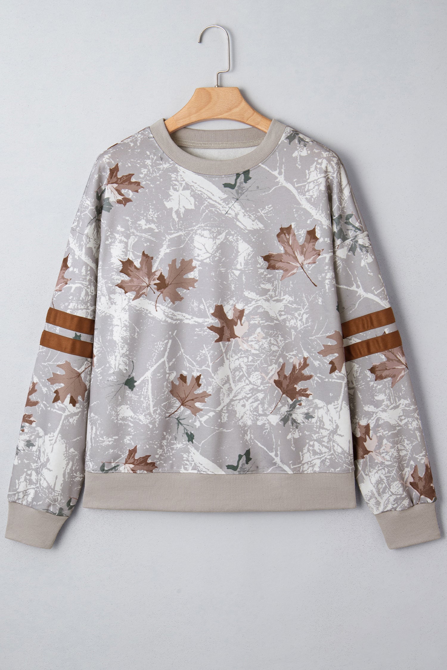 Gray Maple Leaf Camo Print Varsity Striped Sleeve Casual Sweatshirt Sweatshirts & Hoodies fb6ab0f27d878d60