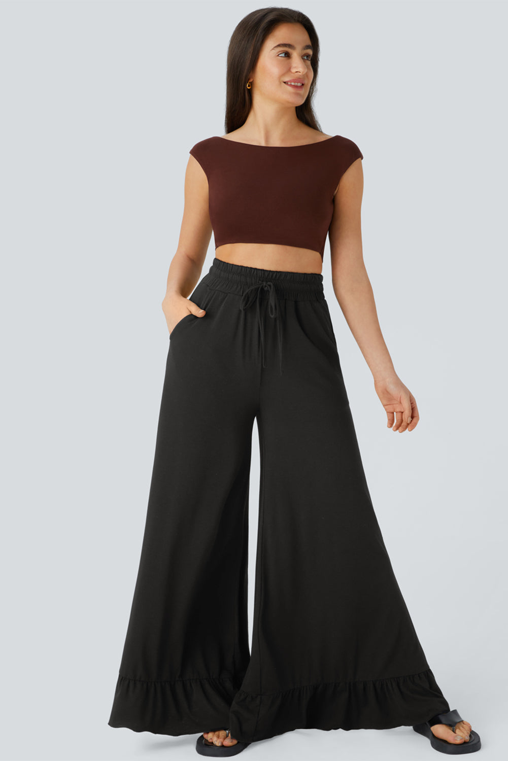 Black Solid Color Ruffle Hem Wide Leg Pants Pants fb8dc6b68408107c
