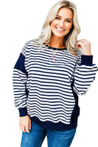Blue Stripe Contrast Stitched Detail Color Block Patchwork Plus Size Sweatshirt Plus Size Tops fbd2d3228d16764f