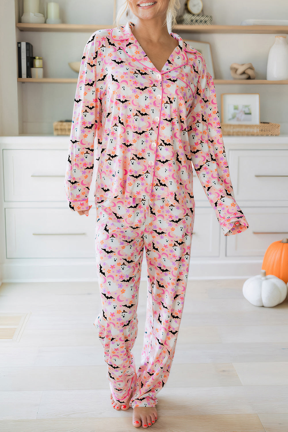 Pink Cute Floral Halloween Ghost Print Long Pajama Set Loungewear Set fbd80378ea0d7500