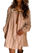 Khaki Velvet Bow Front Floral Print Long Sleeve Short Dress Short Dresses fbe0c71327059edc