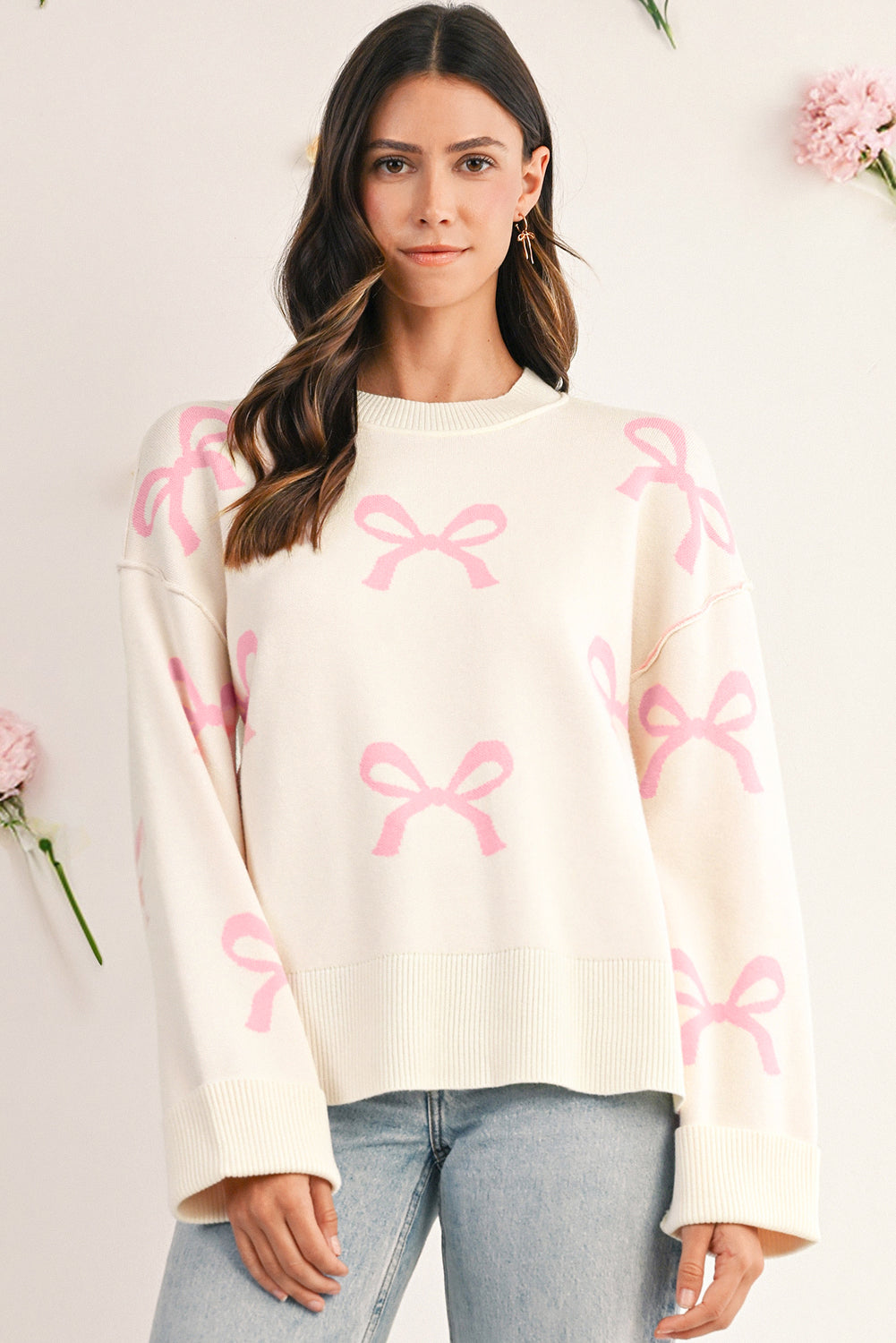 Pink Bow Print Exposed Seam Drop Sleeve Sweater Sweaters fc038e19a2c807ee