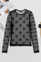 Black Dotted Bow Pattern Mesh Long Sleeve Top Long Sleeve Tops fc0cb03a86d2acf0