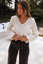 Beige Flower Lace V Neck Puff Sleeve Top Blouses fc4654b531a4d7ca