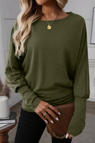 Green Solid Color Round Neck Dolman Sleeve Top Long Sleeve Tops fc519daa57b2371a