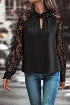 Black Keyhole Neckline Lace Splicing Raglan Sleeve Blouse Blouses fc5c3f983af2d6bc