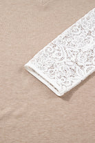 Oatmeal Lace Patchwork Sleeve V Neck Top Long Sleeve Tops fc76c16d27843a99