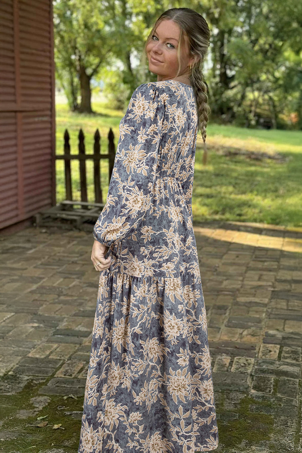 Sky Blue Floral Print Smocked High Waist Long Sleeve Maxi Dress Maxi Dresses fc772220b5854860