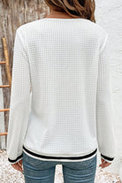 White Textured Knit Preppy Striped Trim V Neck Pullover Waffle Top Long Sleeve Tops fc7ce34bc083d51d