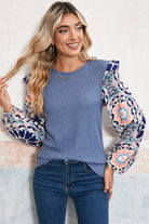 Ashleigh Blue Ruffle Floral Sleeve Patchwork Waffle Top Long Sleeve Tops fc7d4e86ca3ce928