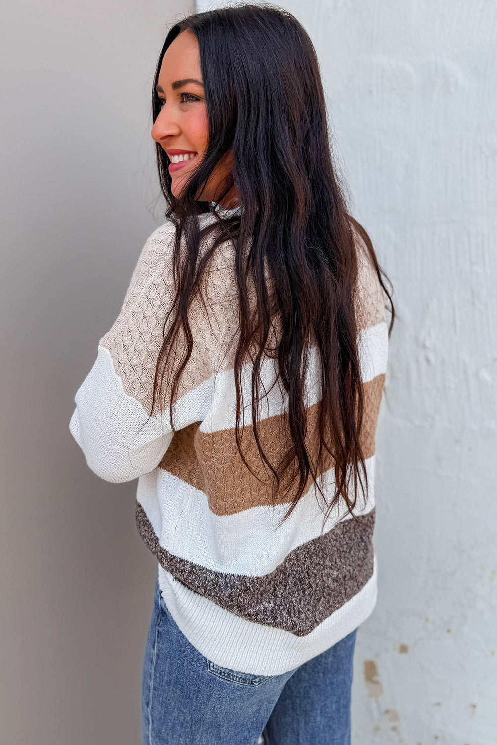Brown Mixed Texture Knit Striped Colorblock Loose Sweater Sweaters fc8acb79fa3d700f
