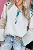 White Plant Mesh Patched Color Block Half Button Blouse Long Sleeve Tops fcb1693d923b9ad3