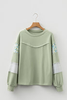 Laurel Green Floral Plaid Mixed Sleeve Raw Edge Relaxed French Terry Top Long Sleeve Tops fcb7d48a78978f65