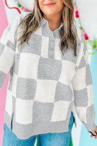 Gray Plus Size Checkered Pattern Button Polo Collar Split Sweater Plus Size Sweaters&Cardigans fcbf9fe9b067a32a