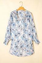 Sky Blue Floral Print Tie Neck Long Sleeve Flowy Mini Dress Short Dresses fcc3b85d8dd86e16