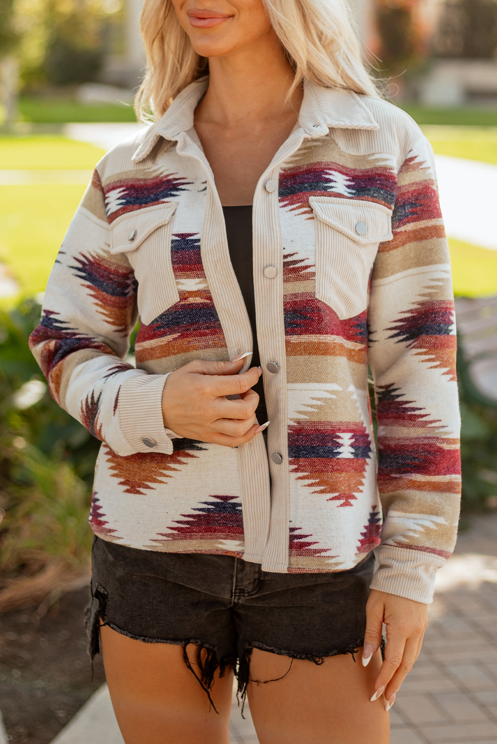 Multicolour Western Aztec Ribbed Patchwork Double Flap Pocket Raw Hem Shacket Jackets fcc7c95d33621d50