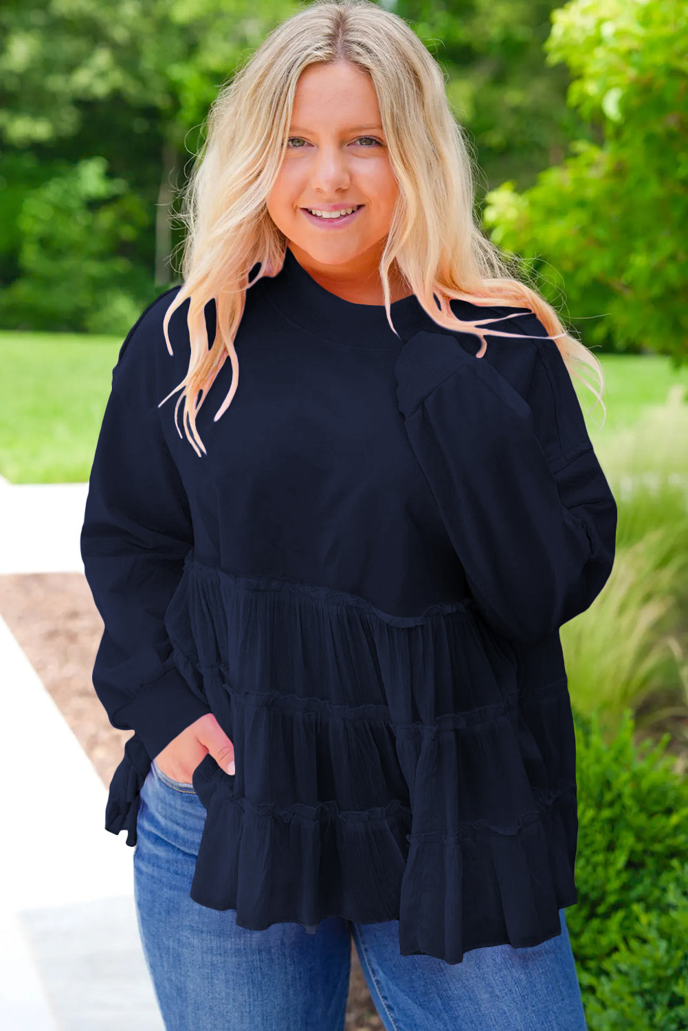 Navy Blue Frill Tiered Patchwork Ribbed Trim Flowy Plus Size Top Plus Size Tops fce72c6494926854