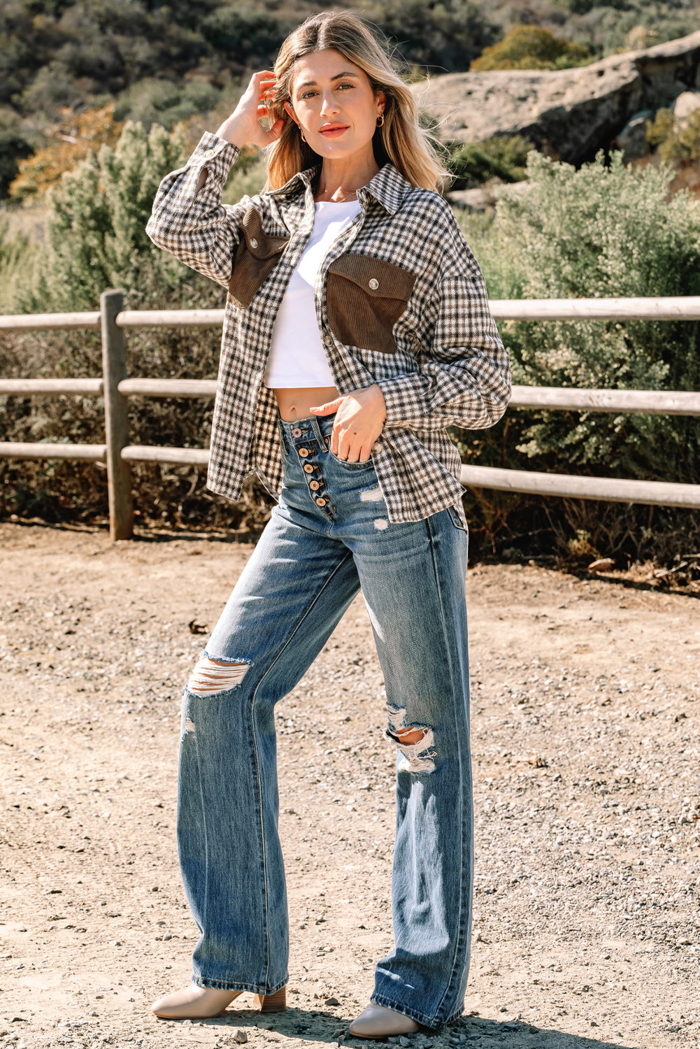 Green Contrast Corduroy Flap Pocket Patchwork Plaid Shacket Jackets fcf85420800c52fc