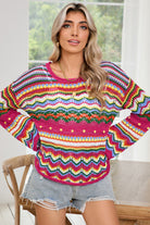 Rose Red Colorblock Striped Hollowed Knit Loose Sweater Sweaters fd2050cdc0859046