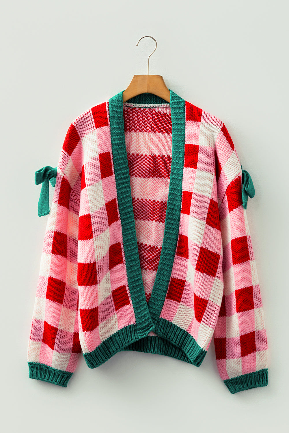 Pink Colorblock Checkered Open Front Knit Cardigan Cardigans fd27ebaa44d03a22