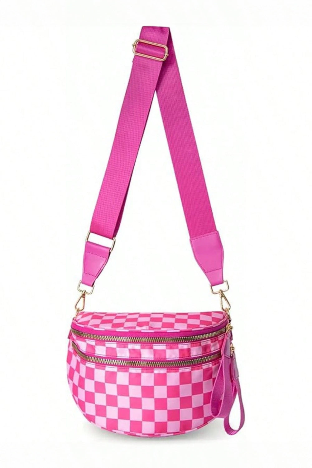 Pink Checkered Print Wide Strap Large Crossbody Bag Crossbody Bags fd37fc8bb5e64a41