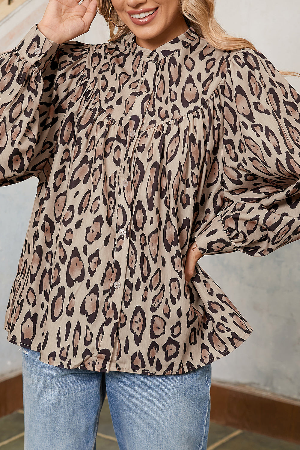 Light French Beige Leopard Print Balloon Sleeve Loose Blouse Blouses fd3efc4c6287dd82