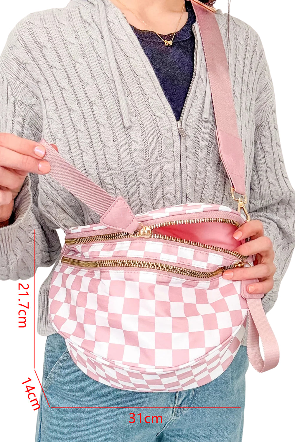 Pink Checkered Print Wide Strap Large Crossbody Bag Crossbody Bags fd5a1e9a4cfabfb9