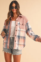 Light Pink Plaid Corduroy Patchwork Pocket Loose Shacket Jackets fd657e4291029954