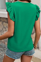 Dark Green Embroidered Ruffle Slim Fit Crew Neck Top Sleeveless Shirts fd67f61e257edaff