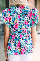 Blue Floral Flutter Sleeve Tied Notched Neck Plus Size Blouse Plus Size Tops fd96ea2108ee7638