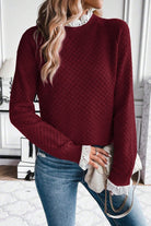 Burgundy Contrast Lace Frill Trim Raglan Sleeve Sweater Sweaters fda1e5646359fe88