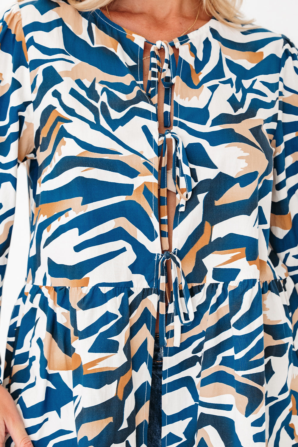 Blue Zebra Print Tied Front Puff Sleeve Top Blouses fdb4d85d7f213555