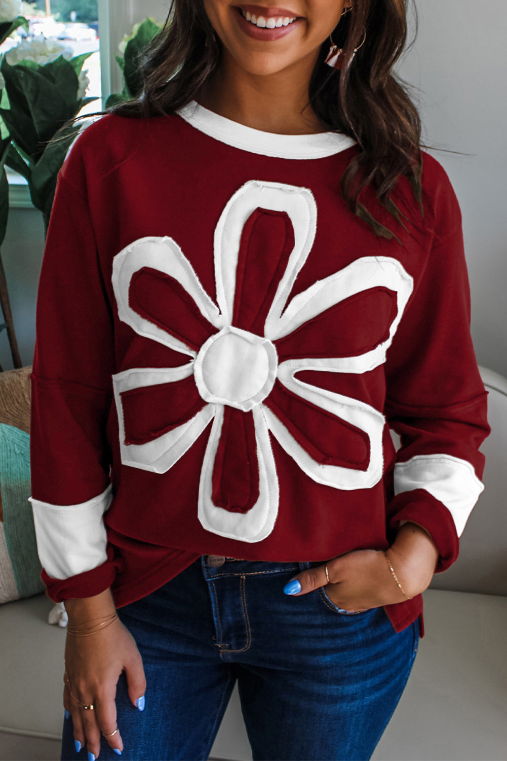Red Dahlia Cheerful Daisy Flower Patched Round Neck Long Sleeve Top Long Sleeve Tops fdba8dea0a8c809c