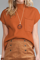 Oatmeal Patch Pocket Ribbed Knit Short Sleeve Sweater Knit Tops fde628b699aa2366