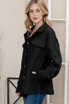 Black Lattice Texture Retro Flap Pocket Button Quilted Shacket Jackets fe085a63009675e9