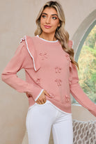 Light Pink Bow Detail Contrast Trim Ruffle Sweater Sweaters fe0f96f9131783a3